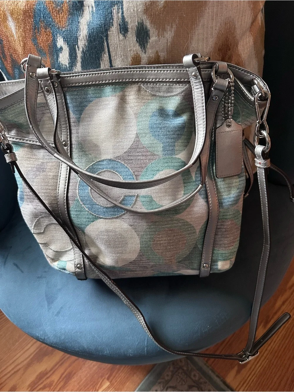 Coach Silver Metallic & Blue Signature Canvas Shoulder Bag